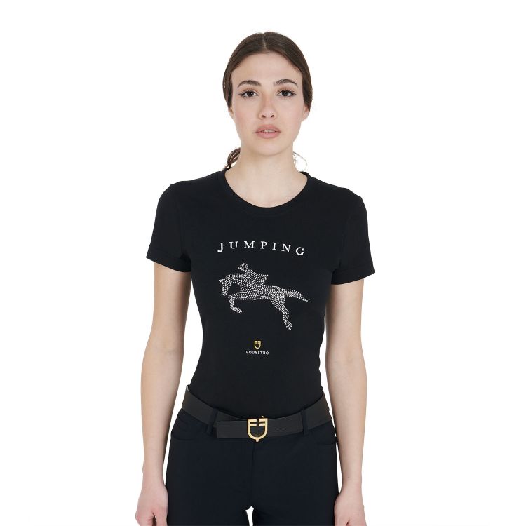 Women's slim fit t-shirt jumping with rhinestone