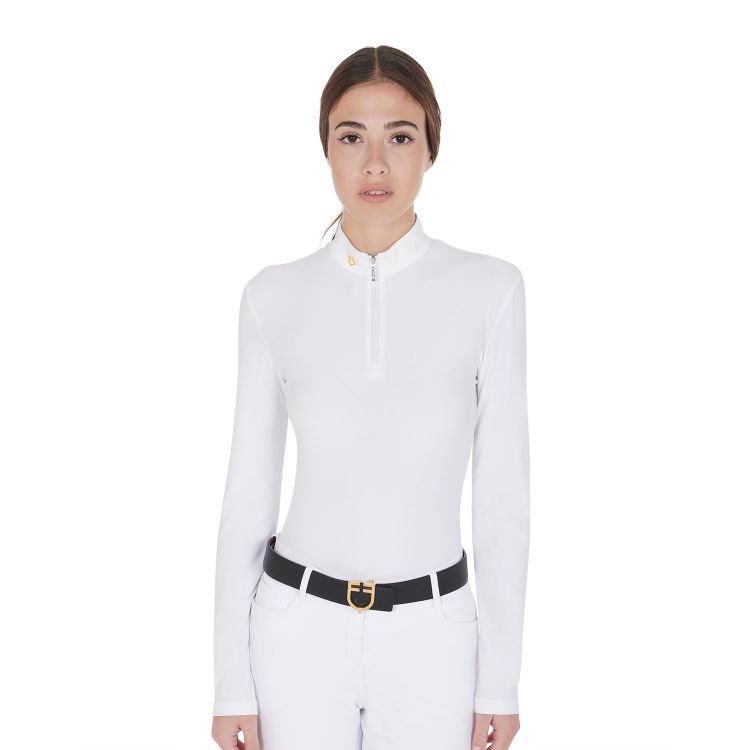 Women's long sleeved polo shirt in technical fleece fabric