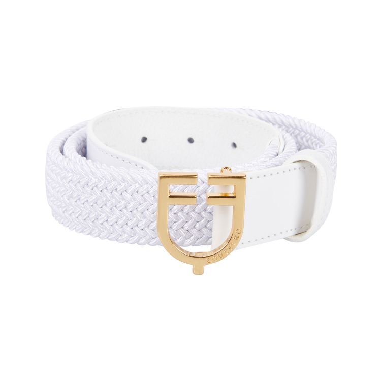 Leather elastic belt with logoed buckle