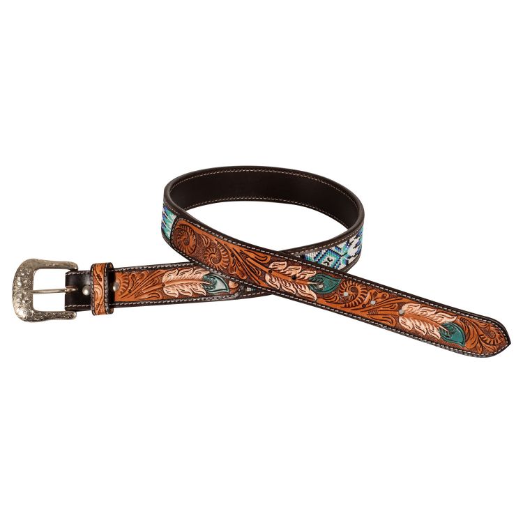 Unisex western beaded belt with feather engraving