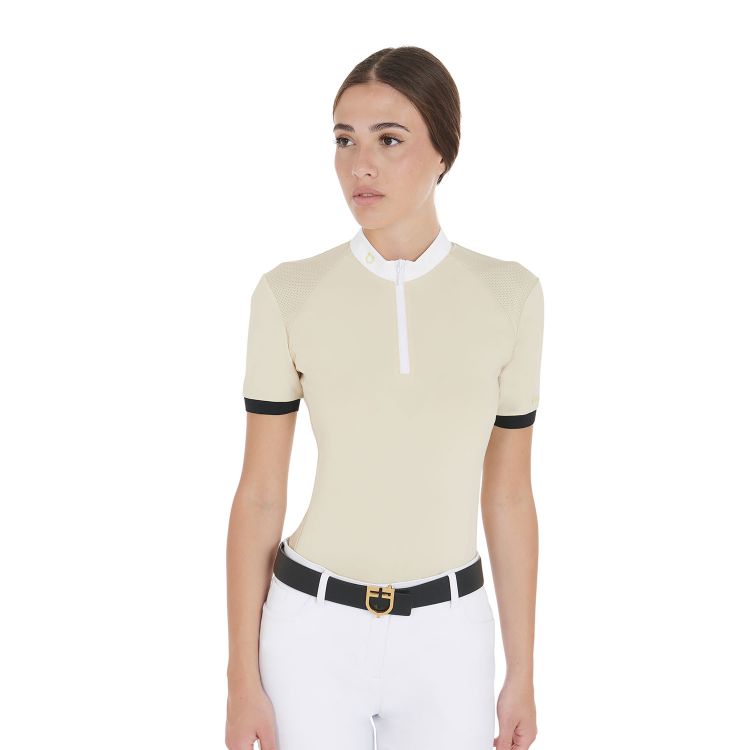 Women's slim fit polo shirt with contrasting shoulder inserts