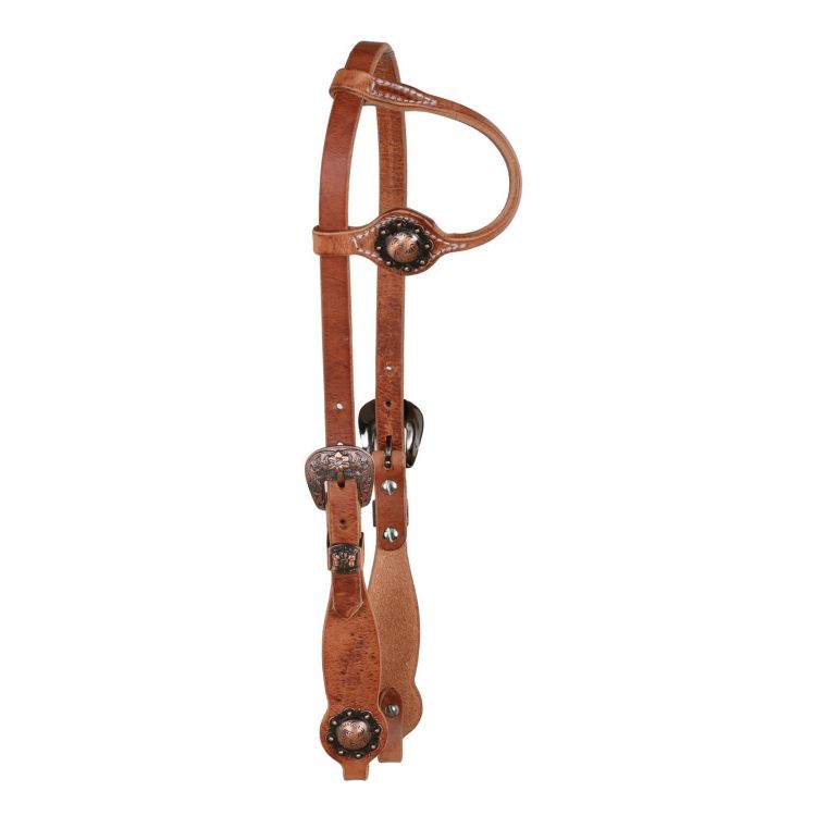 ONE EAR COPPER FLORAL BUCKLE W/FLORAL CONCHO OILED WESTERN BRIDLE