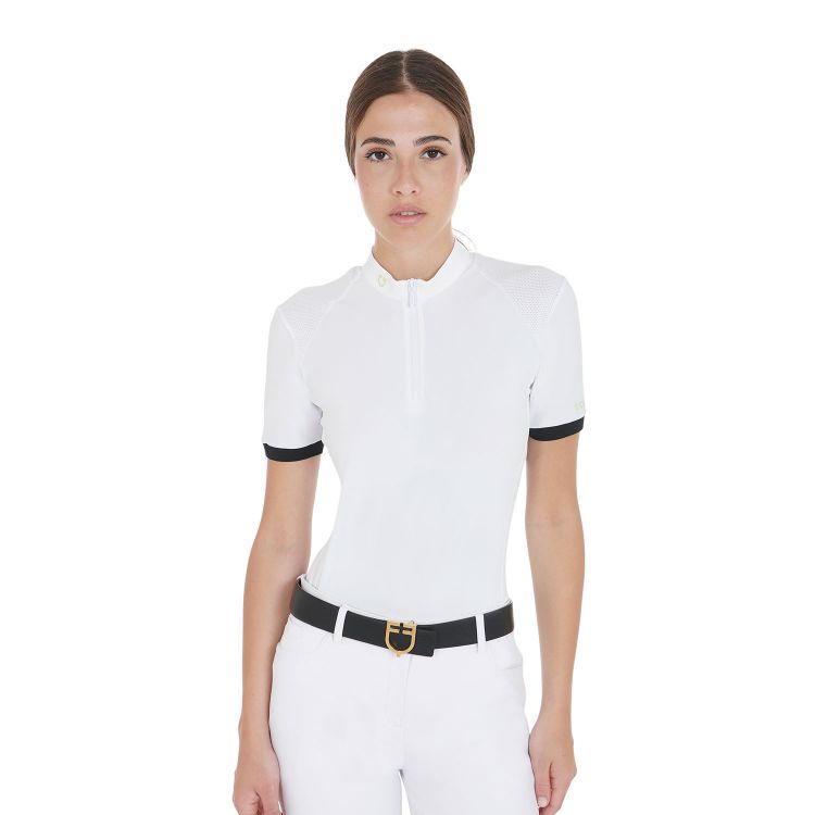 Women's slim fit polo shirt with contrasting shoulder inserts