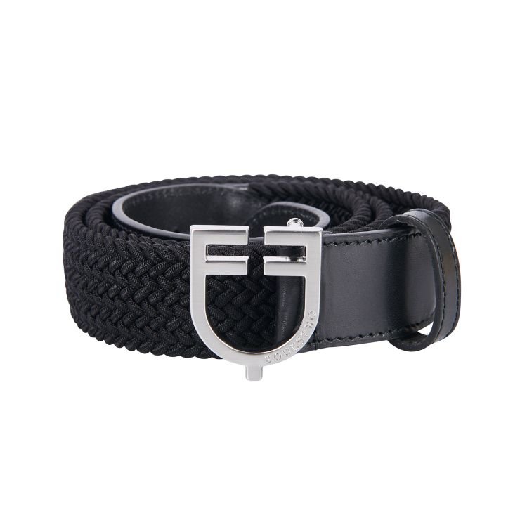 Leather elastic belt with logoed buckle
