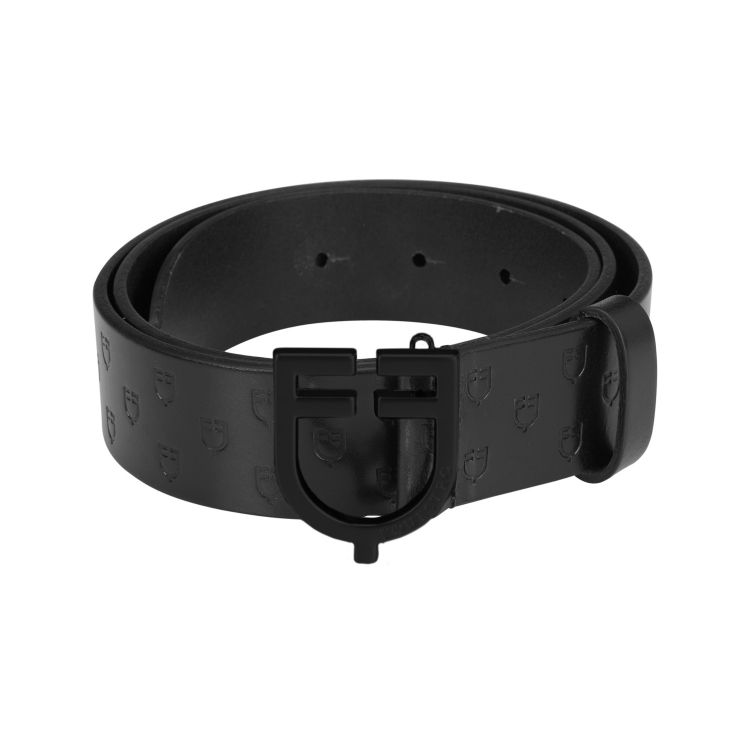 Leather logo belt with black logoed buckle