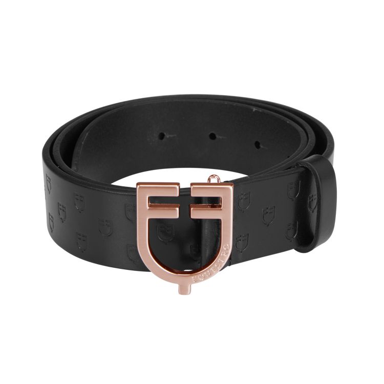 Black leather belt with logo and rose gold buckle